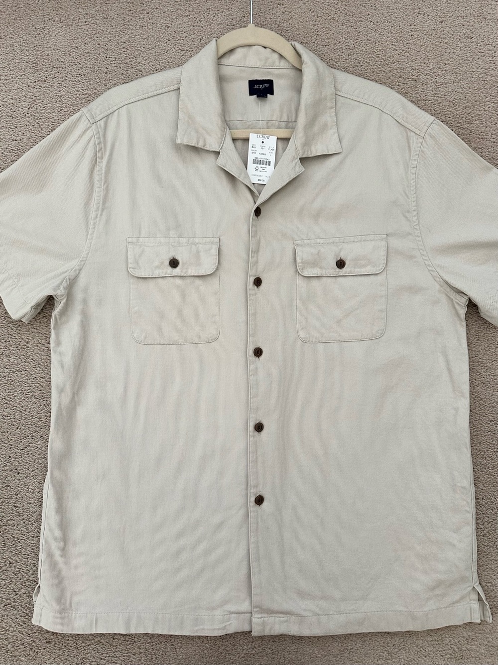 J. Crew Textured Corduroy Short Sleeve Button Down Camp Shirt - Stone /Light Tan